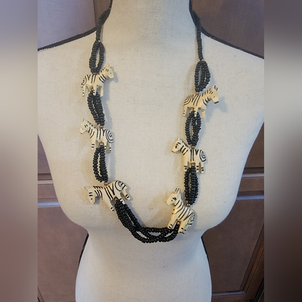 Wood Zebra Statement Necklace Black Multi Strand Animal Jewelry 30”